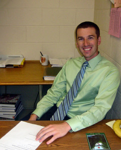Brian Prescott, Hopkinton High School's newest history teacher, now sits behind the teacher's desk reminded of his days as a student at our school.  Photo by Cassandra Boyce