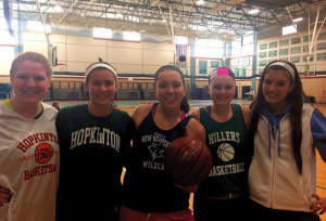 HHS's Girl's Varsity Basketball team is ready to continue their winning streak following a great win against Medway this past Friday. From left to right, Taylor Sokol (senior captain), Kendall Ericksen (senior captain), Autumn Kramer (senior captain), Elise Carlson (sophomore), and Meghan Hynes (senior). Photo By: Cassandra Boyce
