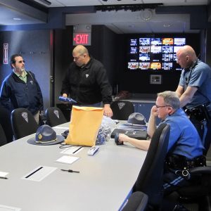 MA State Police discuss Boston Marathon communications logistics.  Photo by Julia Li.