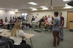 Seniors Mike Spector and NIck Viehl talk to the club about this years goals photo by: Sydney Emerson