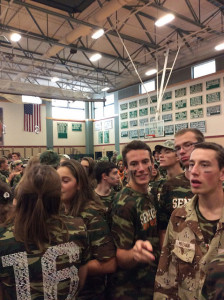 From left to right, seniors X, Brent Leibowitz, Sam Darkow, Sam Danaceau, Christian Dunn, and Jack McGuire prepare for pep rally. Photo by Max Goldberg.