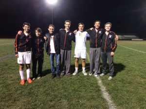 Seniors of the Boy's Varsity Soccer team excited after their senior night victory. From left to right is Nick Gammal, Ryan DiNicola, Davide Sala, Tom Onsi, Mike Covino, Zach Doss, and Conor Murphy. Photo by Chloe DiMare.