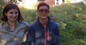 Sarah Fromer (left), and Evan Goldstein (right) standing in front of the proposed site for the outdoor classroom. Photo by Owen McNamara