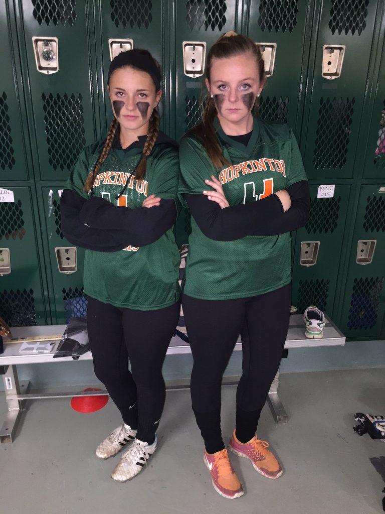 Just an hour before the game, seniors Jennifer DePatie (left) and Brigid Marquedant (right) are ready to play. Photo by Emma Zack.