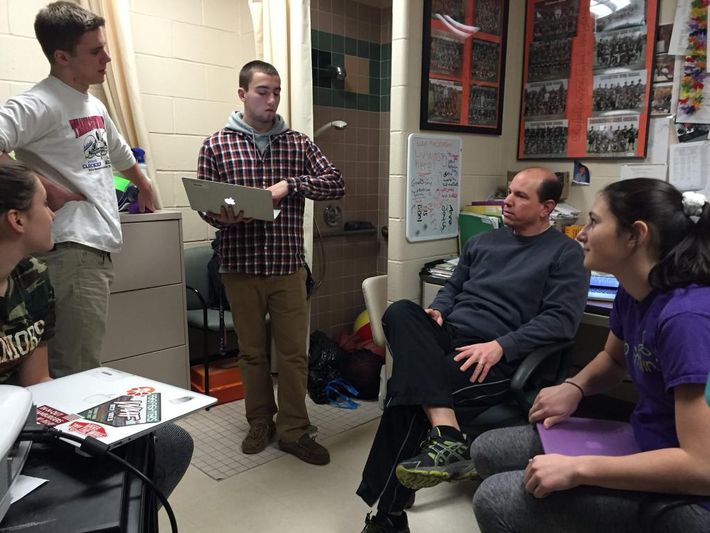 "I think that kids can become too sedentary and itâ€™s important to get [the students] out and about and active, there comes a realization when you're active, and you develop a lot of strengthening in the brain which not only bring physical benefits, but mental also," says Miller. In this photo (L-R): Sarah Powers, Peter Dobinski, Nate Wilson, Michael Miller, Christina Goncalves. Photo by: Julia Joshi and Brittany Power