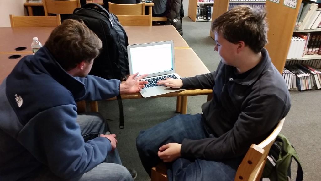 Seniors Sean Kelly and Trevor Perkins work together to prepare for their Literature and War final. Students taking the same class often times work together to prepare for the final as it allows them to combine their knowledge and fill in any gaps the other may have. 